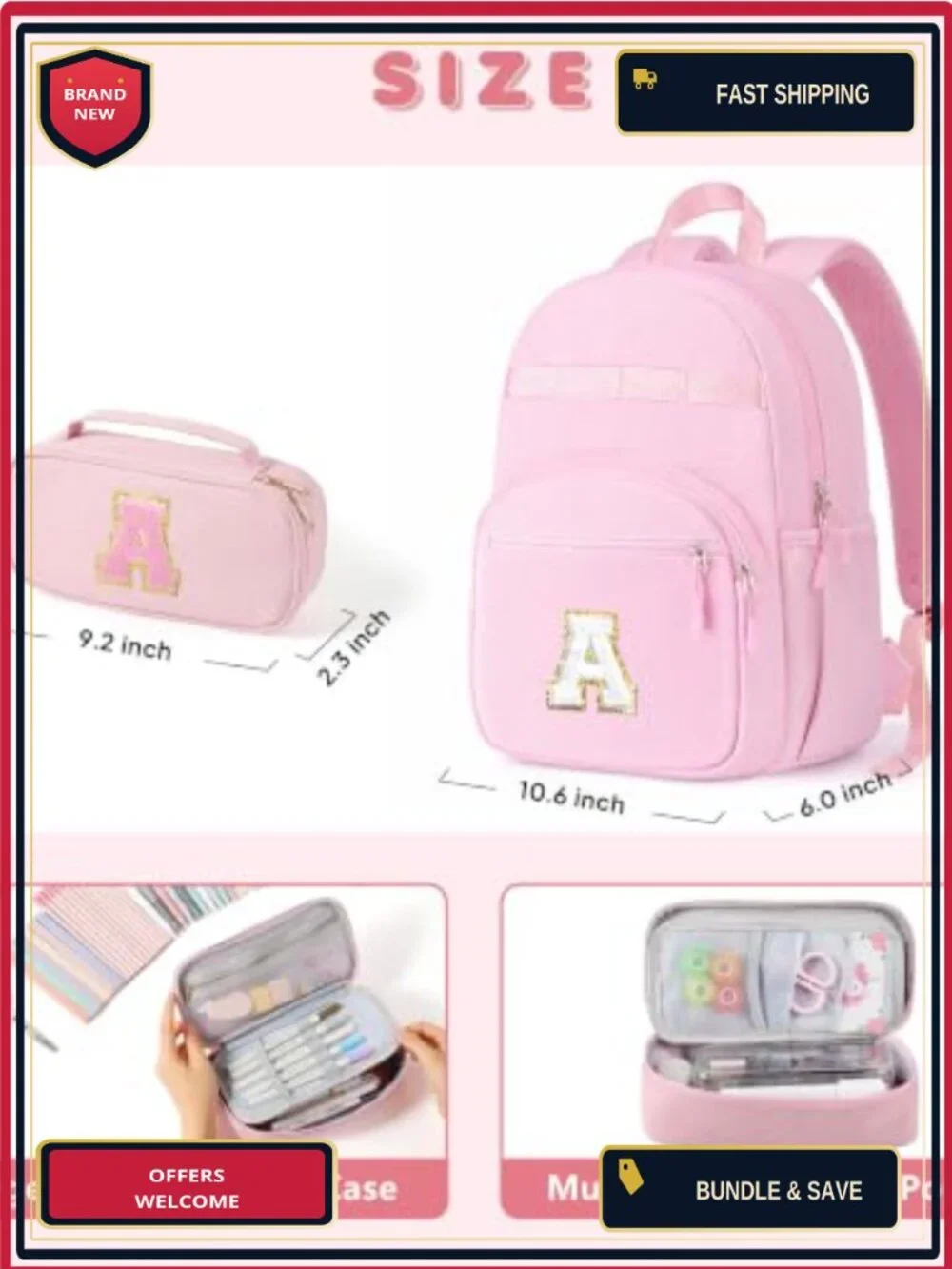Kids' Initial Backpack for Girls Toddler School Pencil Box, Multi-Pocket
